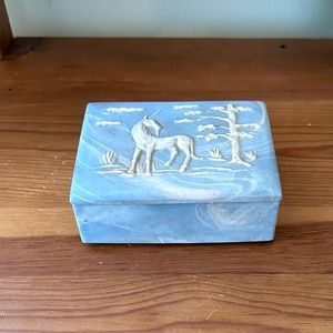 Vintage 70s Blue Soapstone Handcarved Unicorn Sankyo Music Box